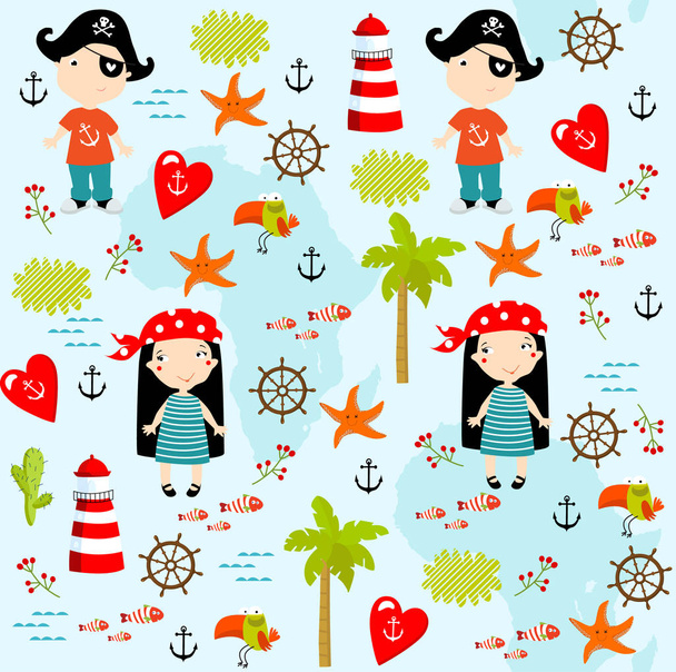 Vector pirate marine background. Teenagers. Can be printed on fabric. pirate Party. birthday. Children in pirate costumes. - Vector, Image