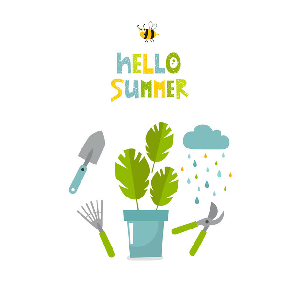 Ilustración vectorial de maceta con flores y herramientas para jardín. Hola verano. Rastrillo, escápula, tijeras de jardín
 - Vector, Imagen