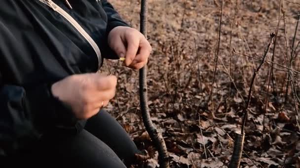 Vrouw wikkelt een transplantatieboom met isolatietape in de tuin om het vocht erin in close-up vast te houden - Video