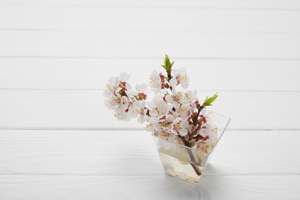 galhos com flores de damasco em vaso de vidro na mesa de madeira branca com espaço de cópia
 - Foto, Imagem