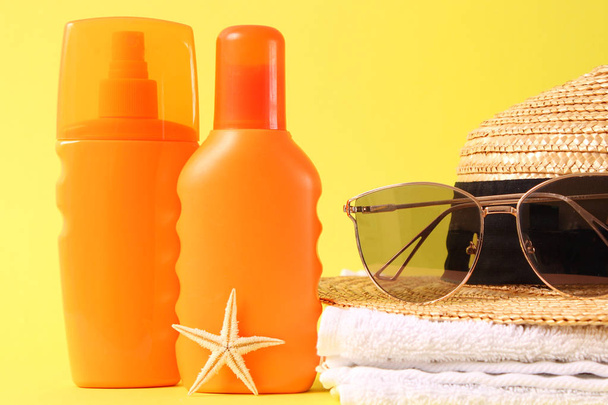 Set of different sun creams on a colored background. Cosmetics for sun protection. - Valokuva, kuva