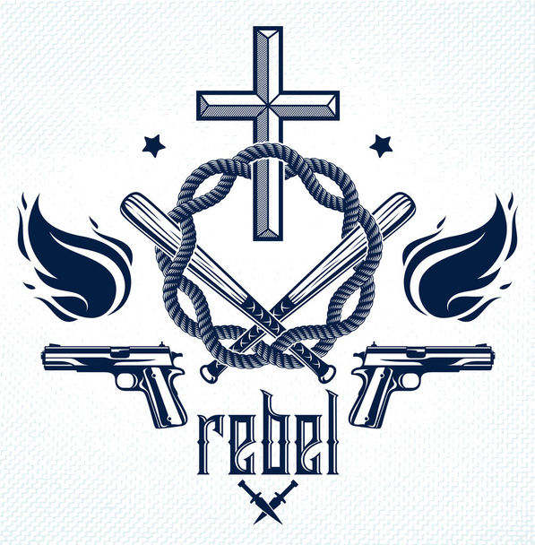 Gangster thug emblem or logo with Christian Cross, weapons and different design elements , vector tattoo, anarchy and chaos, dead rebel partisan and revolutionary. - Vector, Imagen