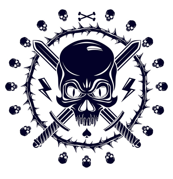 Jolly Roger νεκρό κεφάλι επιθετική κρανίο, Πειρατές διάνυσμα έμβλημα ή λογότυπο με όπλα και άλλα στοιχεία σχεδιασμού, vintage λογότυπο στυλ ή τατουάζ. - Διάνυσμα, εικόνα