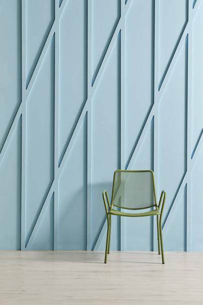 Blue decorative wall, modern background, blue wall detail. room and parquet floor - Фото, изображение