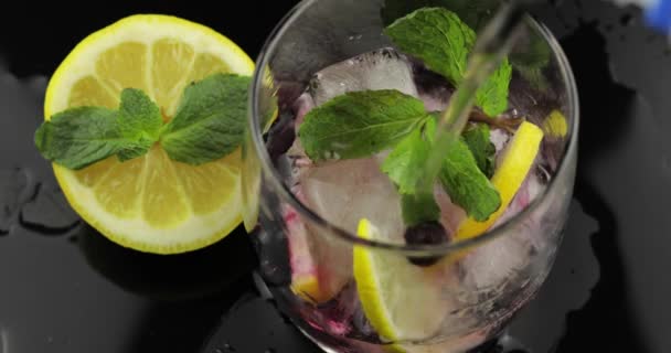 Vierte agua en un vaso con hojas de menta, lima, limón, grosellas, cubitos de hielo
 - Metraje, vídeo