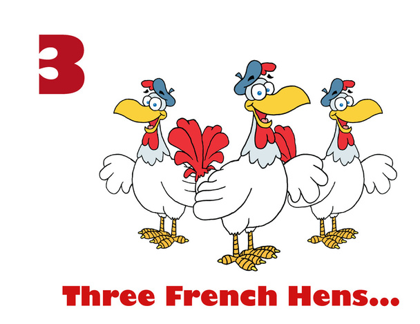 Número três e texto por três galinhas francesas
 - Foto, Imagem
