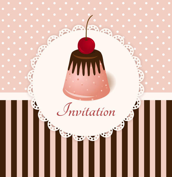 Vintage vector invitation card with cherry chocolate jelly cake - Vektor, obrázek
