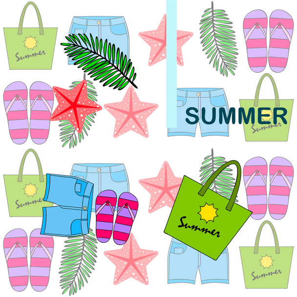 Summer vacation. Beach bag, slippers, shorts, starfish, tropical sheet. Vector background - Wektor, obraz
