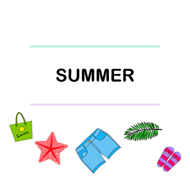 Summer vacation. Beach bag, slippers, shorts, starfish, tropical sheet. Vector background - Vettoriali, immagini