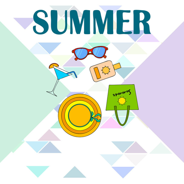Beach vacation. Sunglasses, hat, beach bag, cocktail, sunscreen. Vector background. - Vektor, obrázek