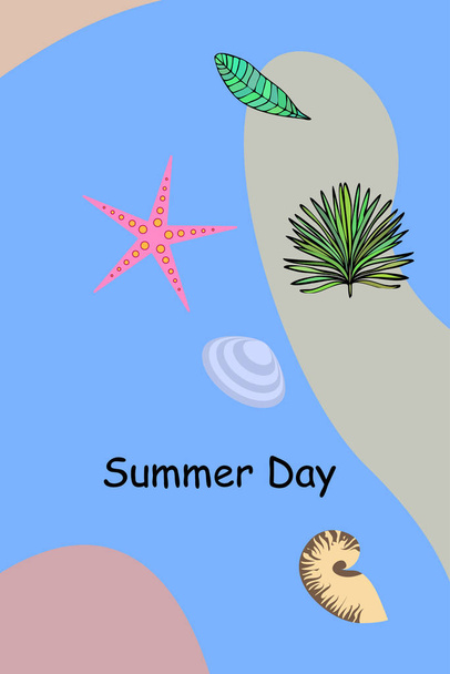 Summer rest. Starfish, seashell, leaves of tropical plants. Vector background - ベクター画像