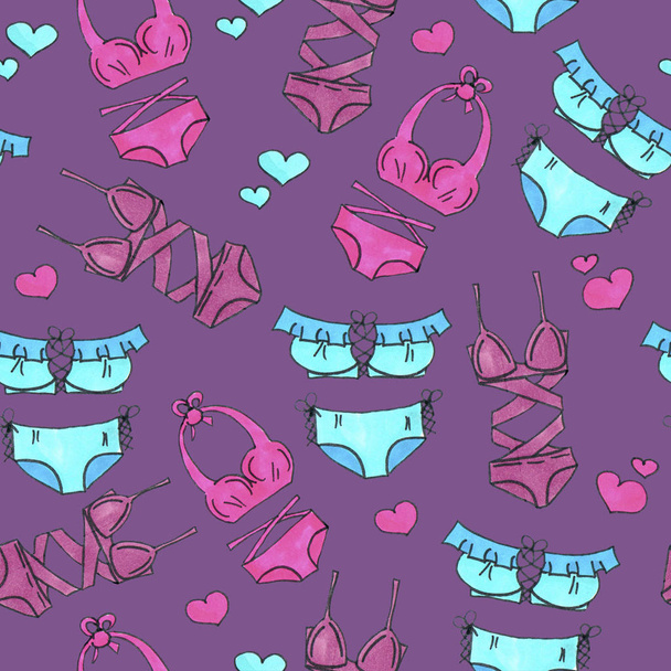 Pink and Blue lingerie seamless pattern. Marker Art underwear wallpaper design. Pattern hand drawn illustration. Bras and panties doodle. Sexy packing background - Foto, Bild