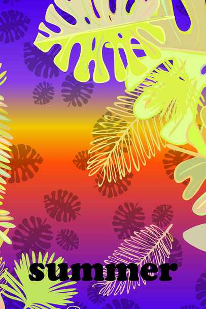 Leaves of tropical plants. Color summer postcard, summer vacation. Vector background. - Вектор,изображение