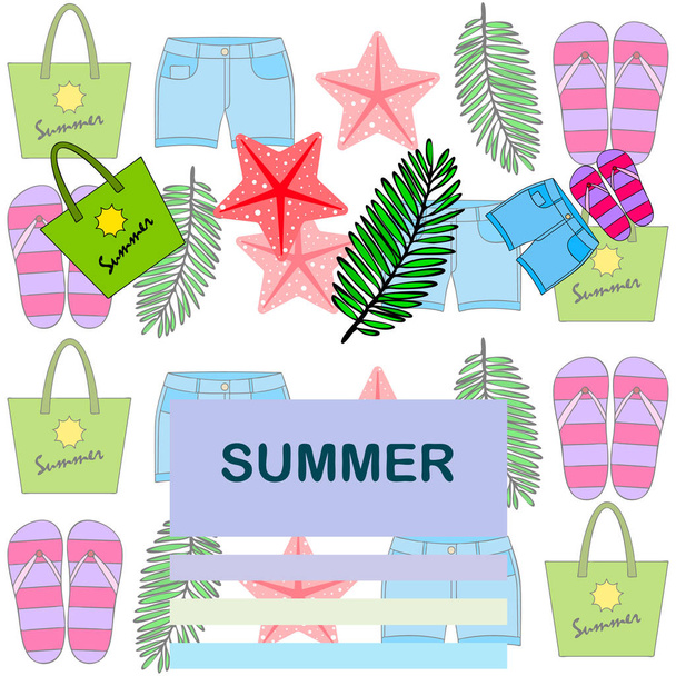 Summer vacation. Beach bag, slippers, shorts, starfish, tropical sheet. Vector background - Вектор, зображення