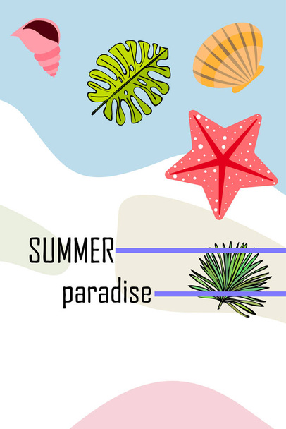 Summer rest. Starfish, seashell, leaves of tropical plants. Vector background - Vetor, Imagem