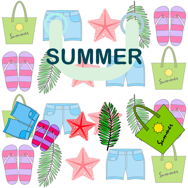 Summer vacation. Beach bag, slippers, shorts, starfish, tropical sheet. Vector background - Vetor, Imagem