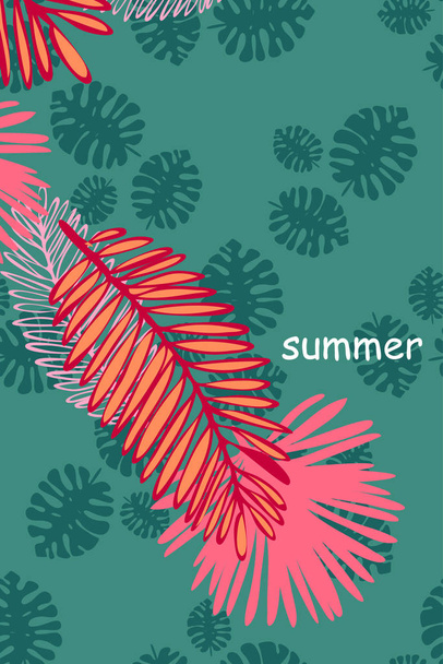 Leaves of tropical plants. Color summer postcard, summer vacation. Vector background. - Vektor, Bild