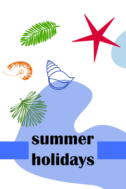 Summer rest. Starfish, seashell, leaves of tropical plants. Vector background - Vector, afbeelding