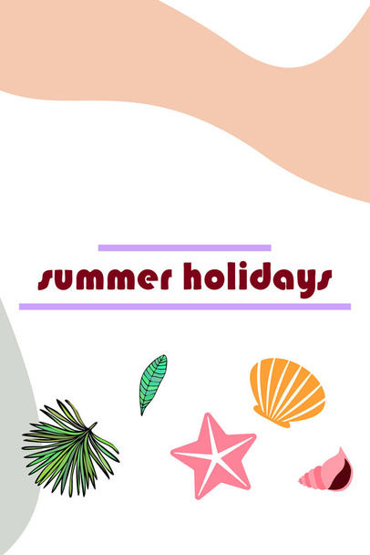 Summer rest. Starfish, seashell, leaves of tropical plants. Vector background - Vector, afbeelding
