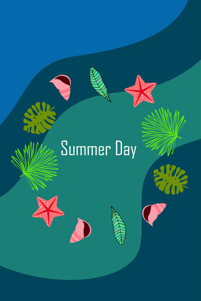 Summer rest. Starfish, seashell, leaves of tropical plants. Vector background - Vector, Imagen