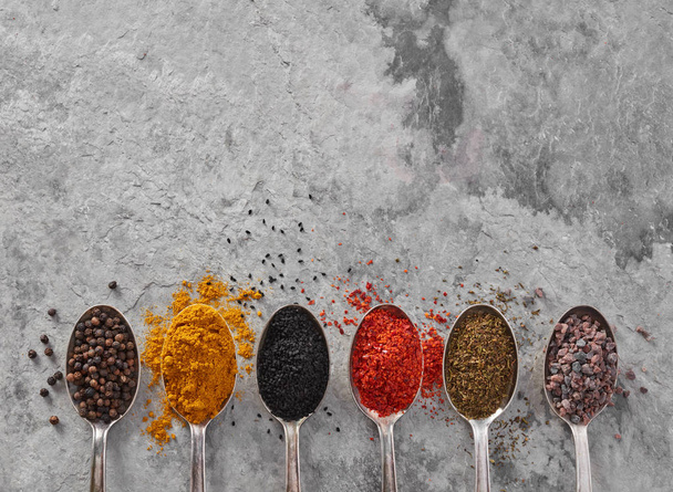 Spices assortments in spoons - Photo, Image