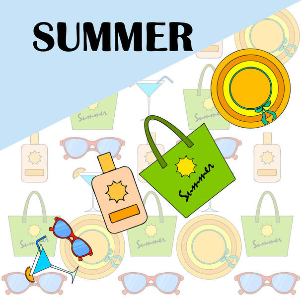 Пляжний відпочинок. Сонцезахисні окуляри, капелюх, пляжна сумка, коктейль, сонцезахисний крем. Векторний фон
. - Вектор, зображення