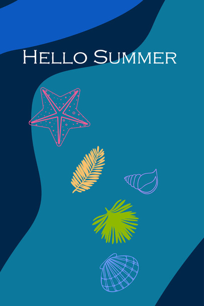 Summer rest. Starfish, seashell, leaves of tropical plants. Vector background - Vector, imagen