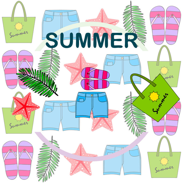 Summer vacation. Beach bag, slippers, shorts, starfish, tropical sheet. Vector background - Wektor, obraz