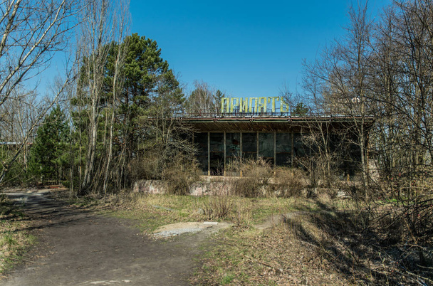 Street of the abandoned ghost town Pripyat. Overgrown trees and collapsing houses in the exclusion zone of the Chernobyl nuclear disaster - Photo, Image