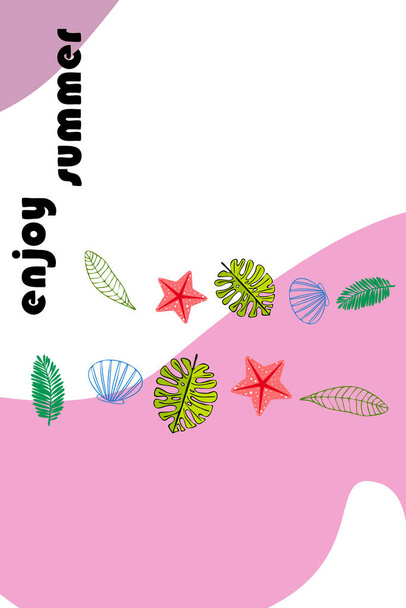 Summer rest. Starfish, seashell, leaves of tropical plants. Vector background - Διάνυσμα, εικόνα
