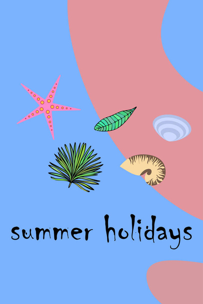 Summer rest. Starfish, seashell, leaves of tropical plants. Vector background - Vektör, Görsel