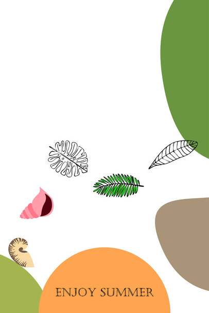Zomer rust. Zeesterren, Seashell, bladeren van tropische planten. Vector achtergrond - Vector, afbeelding