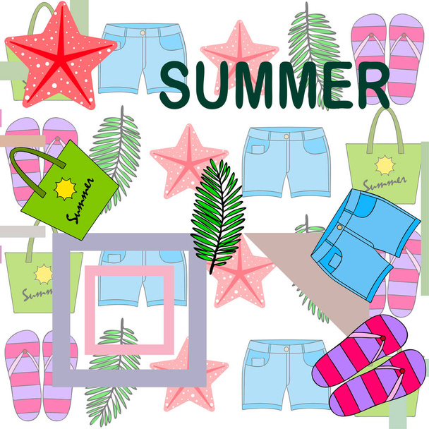 Summer vacation. Beach bag, slippers, shorts, starfish, tropical sheet. Vector background - Vector, Image