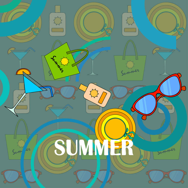 Διακοπές στην παραλία. Γυαλιά ηλίου, καπέλο, τσάντα παραλίας, κοκτέιλ, αντηλιακό. Διανυσματικό φόντο. - Διάνυσμα, εικόνα