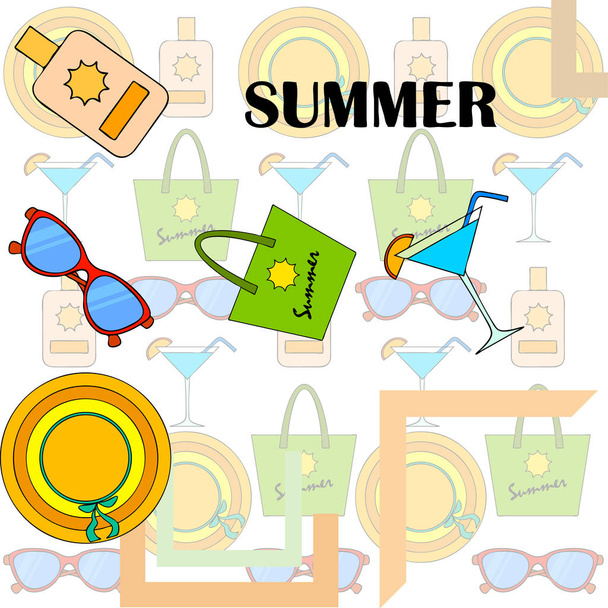 Sahil tatili. Güneş gözlüğü, şapka, plaj çantası, kokteyl, güneş kremi. Vektör arka planı. - Vektör, Görsel