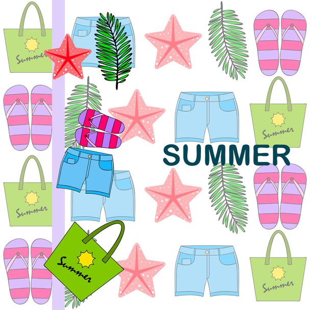 Summer vacation. Beach bag, slippers, shorts, starfish, tropical sheet. Vector background - Vecteur, image