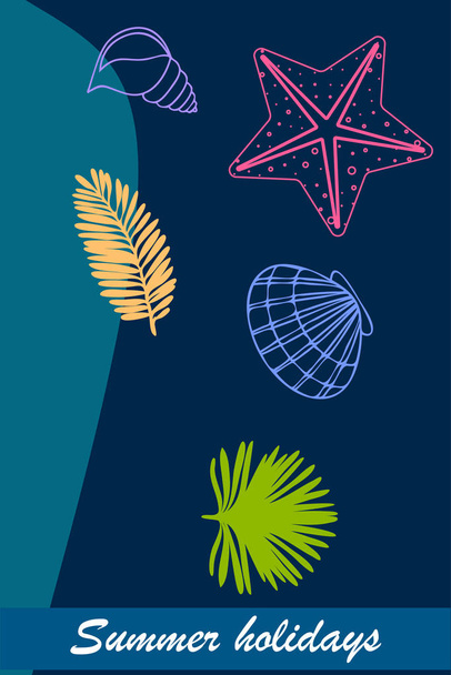 Summer rest. Starfish, seashell, leaves of tropical plants. Vector background - Wektor, obraz