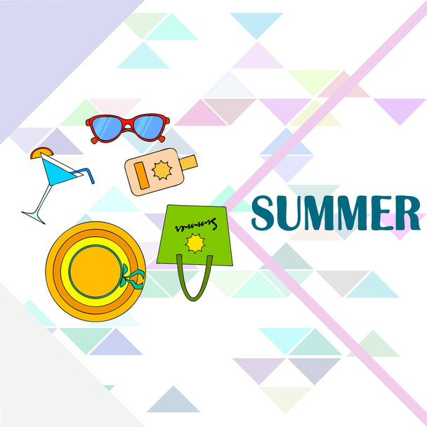 Пляжный отдых. Солнечные очки, шляпа, пляжная сумка, коктейль, солнцезащитный крем. Векторный фон
. - Вектор,изображение