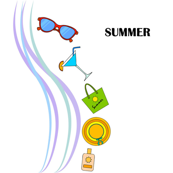 Beach vacation. Sunglasses, hat, beach bag, cocktail, sunscreen. Vector background. - Vektör, Görsel