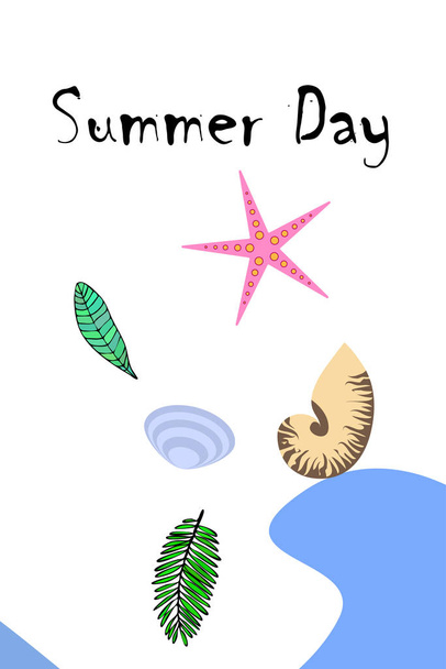 Summer rest. Starfish, seashell, leaves of tropical plants. Vector background - Вектор,изображение
