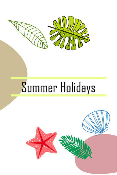 Summer rest. Starfish, seashell, leaves of tropical plants. Vector background - Vettoriali, immagini