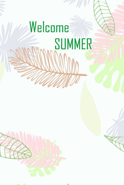 Blätter tropischer Pflanzen. Farb-Sommerpostkarte, Sommerferien. Vektorhintergrund. - Vektor, Bild