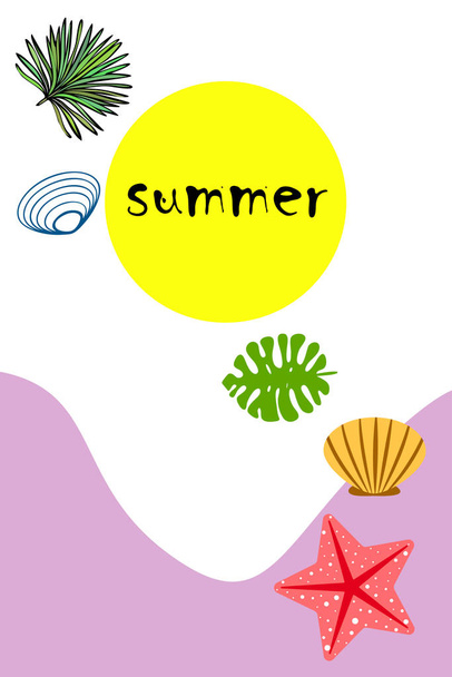 Summer rest. Starfish, seashell, leaves of tropical plants. Vector background - Vektori, kuva