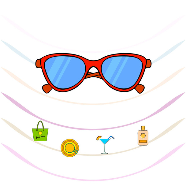 Beach vacation. Sunglasses, hat, beach bag, cocktail, sunscreen. Vector background. - Vektor, Bild