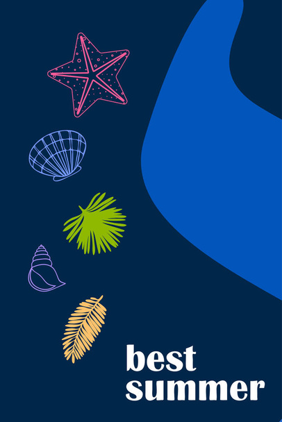 Summer rest. Starfish, seashell, leaves of tropical plants. Vector background - Вектор, зображення