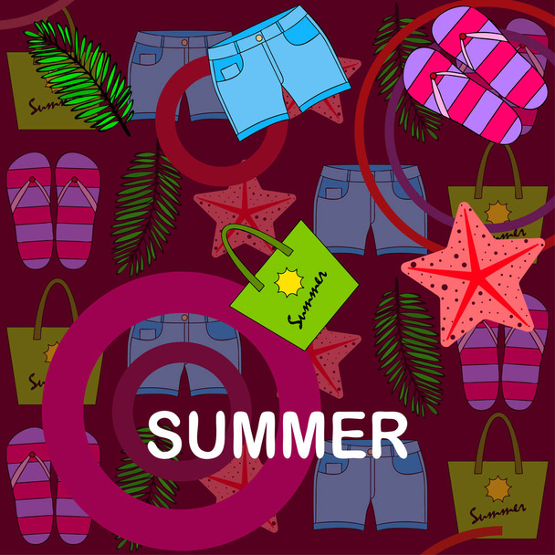 Summer vacation. Beach bag, slippers, shorts, starfish, tropical sheet. Vector background - Vector, Image