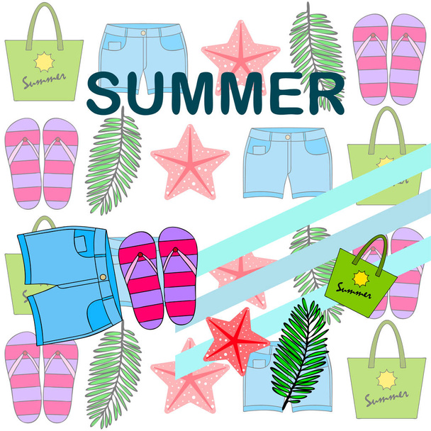 Summer vacation. Beach bag, slippers, shorts, starfish, tropical sheet. Vector background - Vector, afbeelding