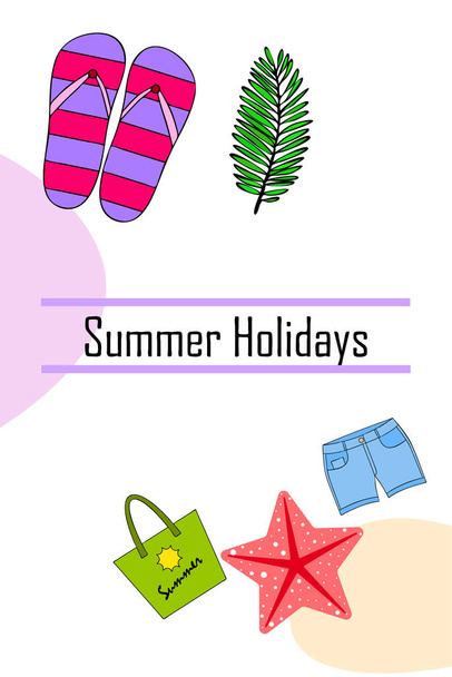 Summer vacation. Beach bag, slippers, shorts, starfish, tropical sheet. Vector background - ベクター画像