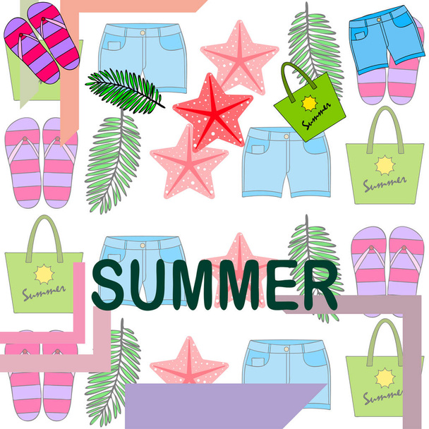 Summer vacation. Beach bag, slippers, shorts, starfish, tropical sheet. Vector background - Vector, Imagen