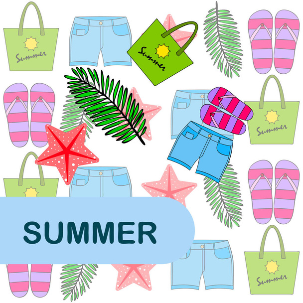 Summer vacation. Beach bag, slippers, shorts, starfish, tropical sheet. Vector background - Vektör, Görsel